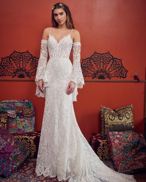 Lp2339 backless boho wedding dress with bell sleeves and lace1